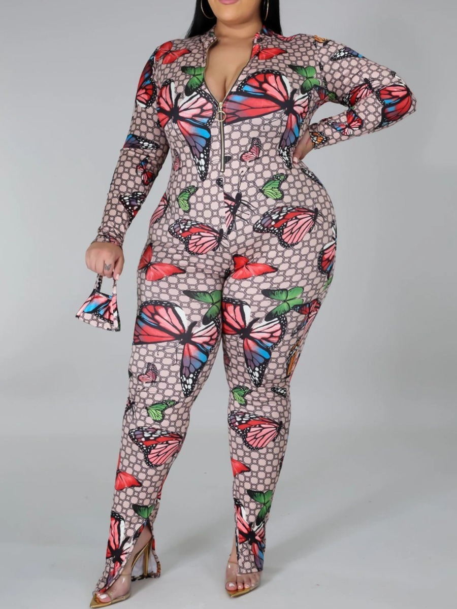 

LW Plus Size Butterfly Print Zipper Design Jumpsuit, Multi