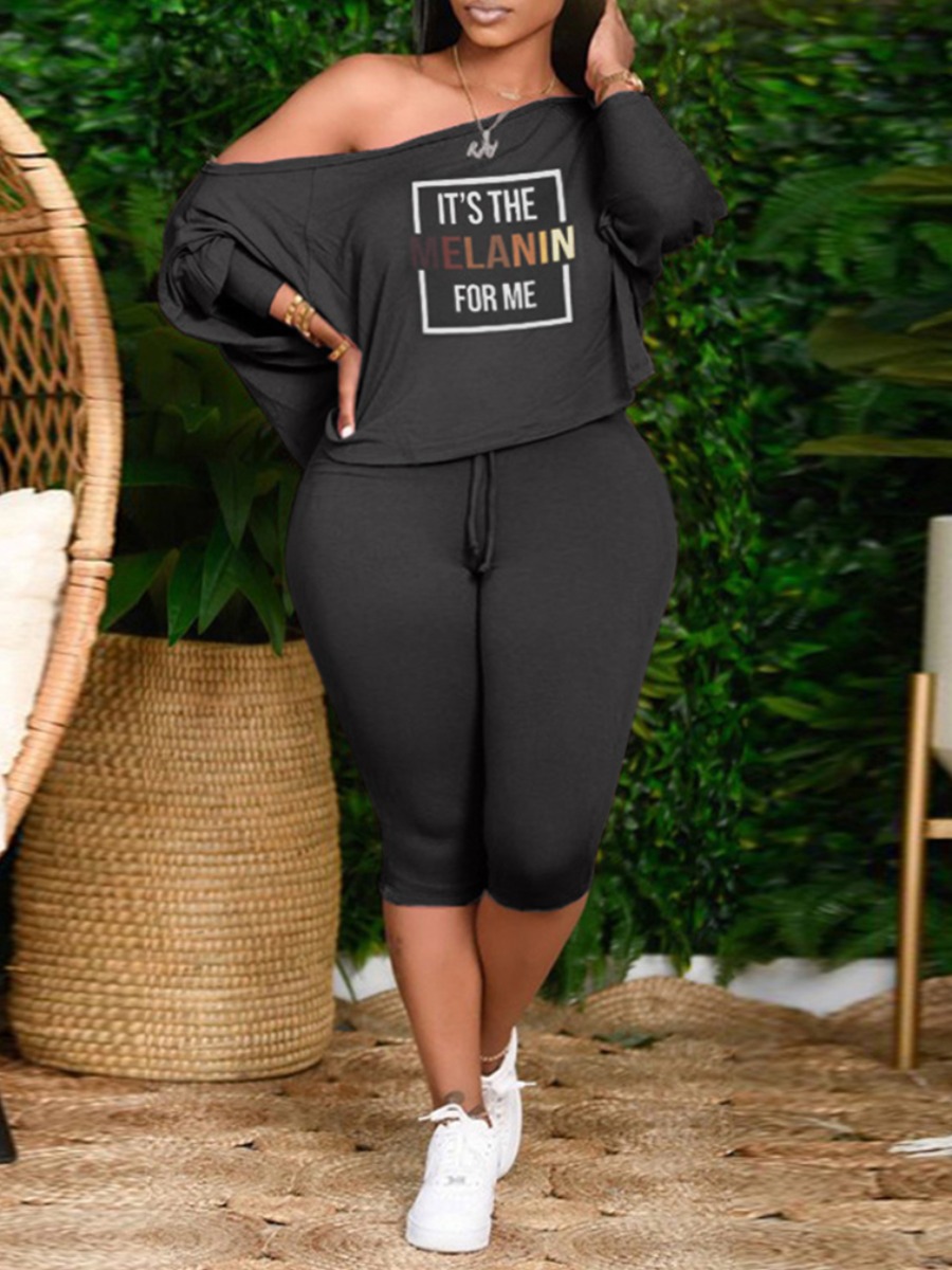 

LW Plus Size Letter Print Drawstring Pants Set, Black