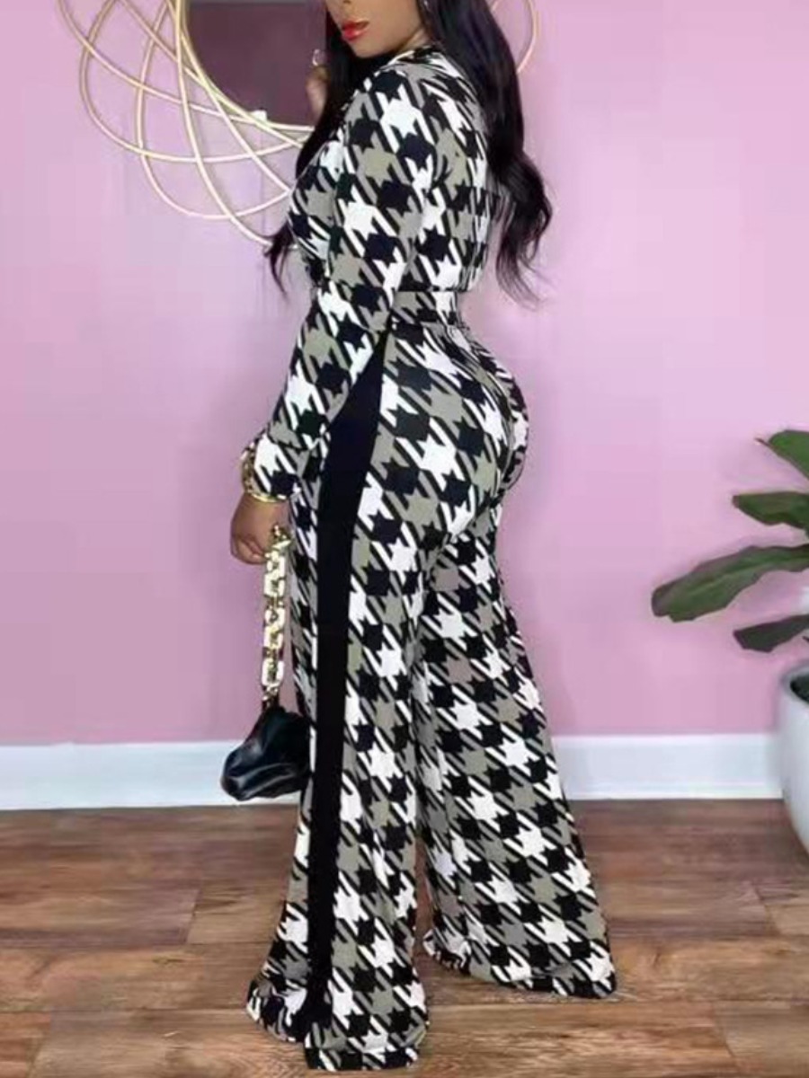 

LW Houndstooth Wide Leg Jumpsuit, Black & white tartan