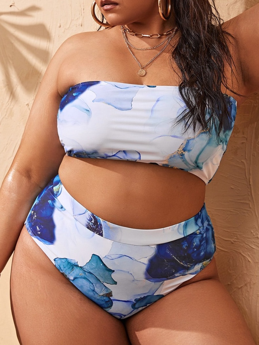 

LW Plus Size Off The Shoulder Print Bikini Set, Blue