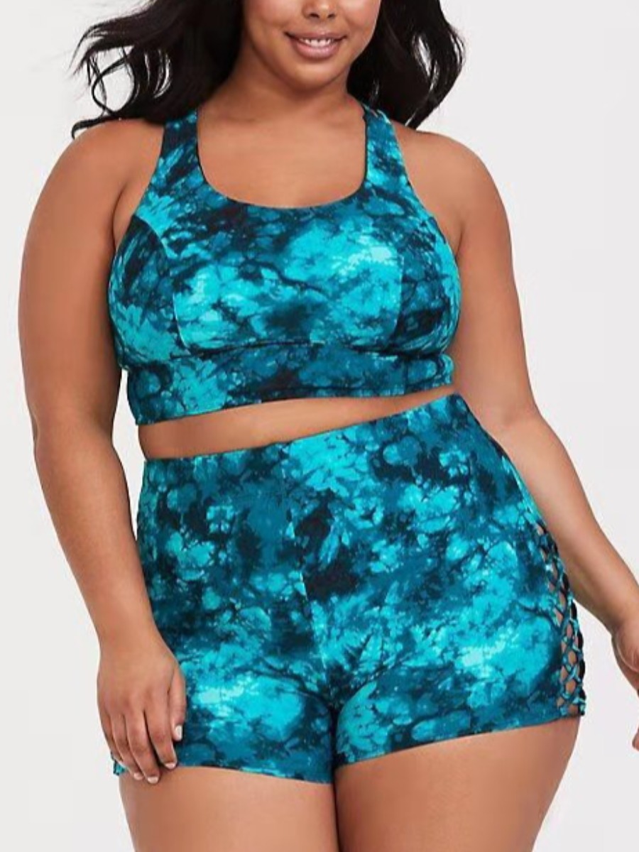 

LW Plus Size Tie-dye Cross Strap Tankini, Blue