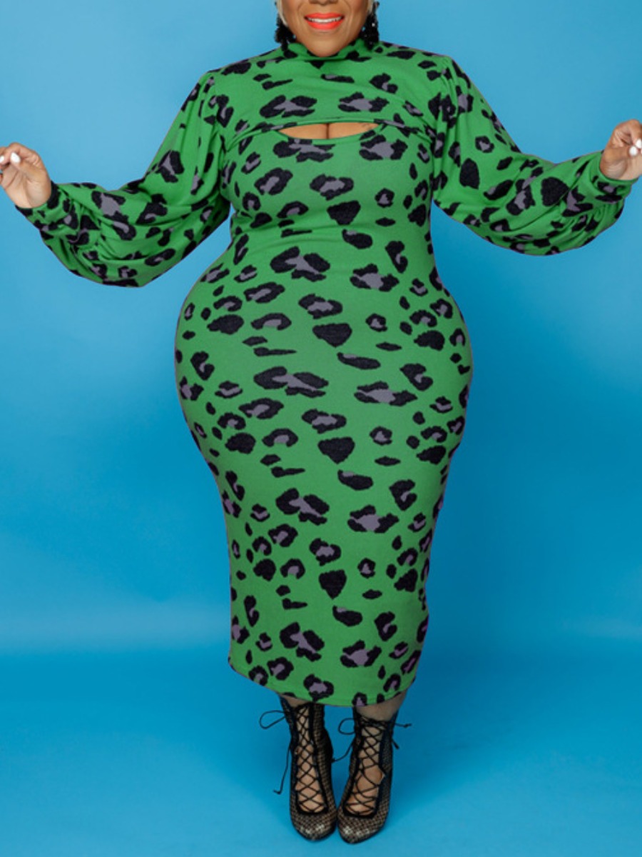 

LW Plus Size Leopard Print Bodycon Dress Set, Green