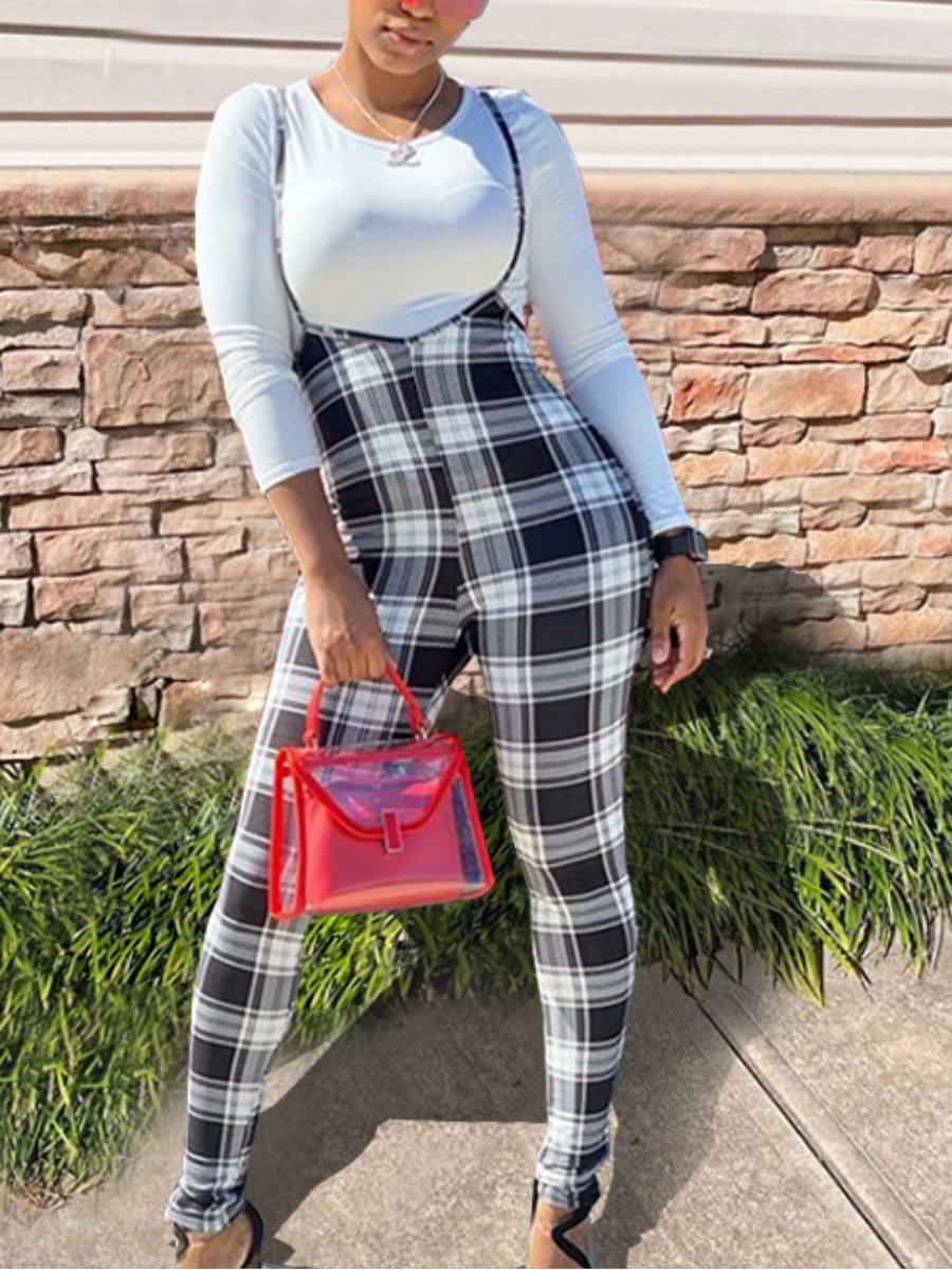 

LW Plaid Print Overall Jumpsuit, Black & white tartan