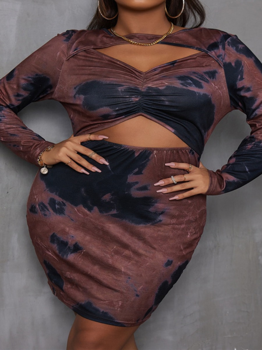 

LW Plus Size Tie-dye Cut Out Ruched Dress, Auburn
