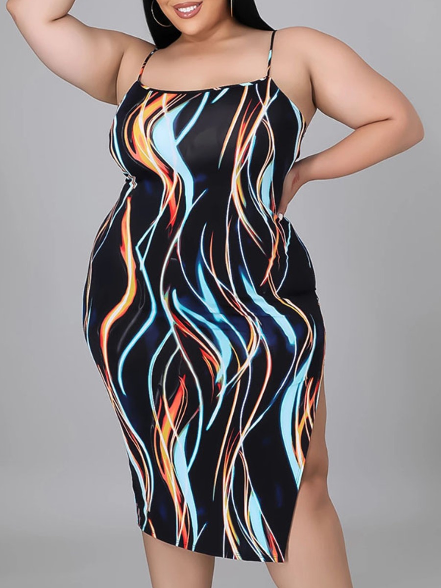 

LW Plus Size Mixed Print Slit Cami Dress, Black