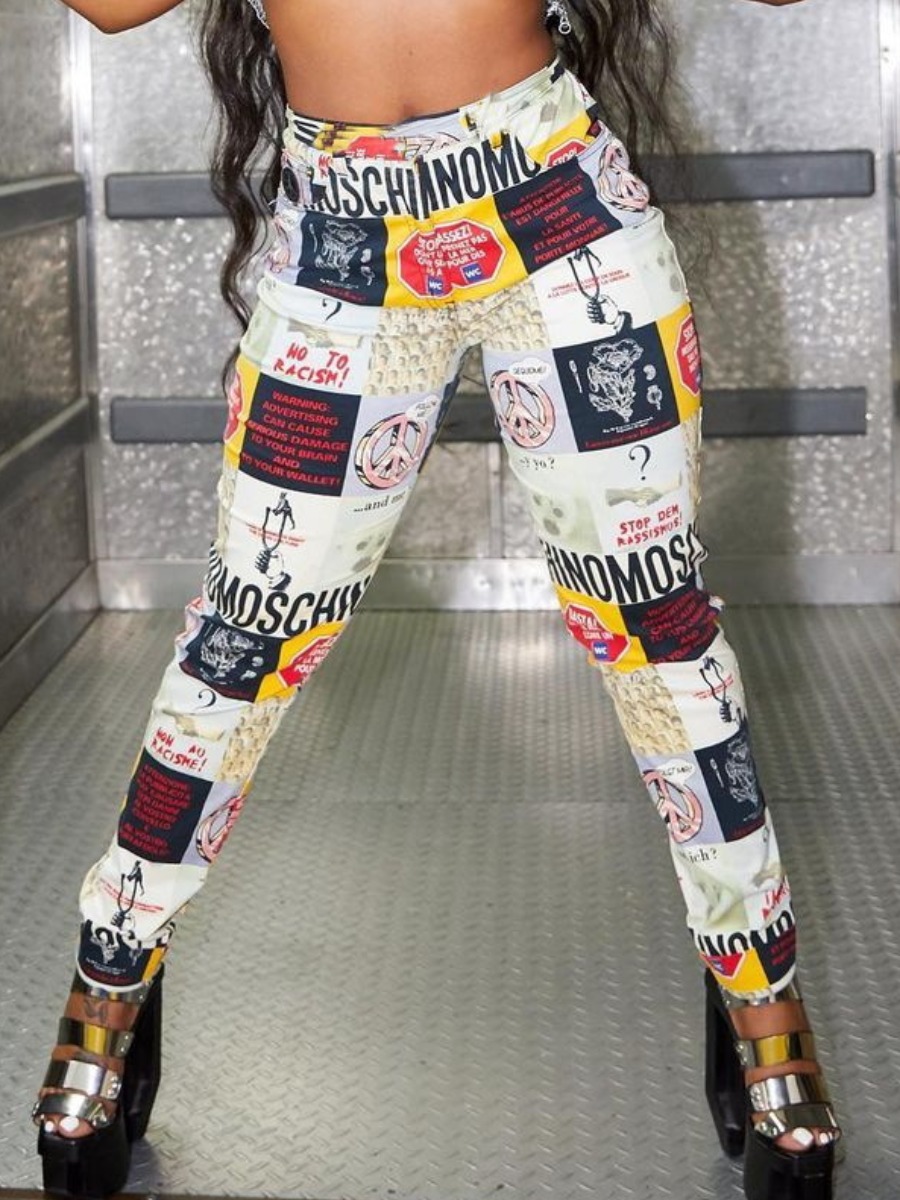 

LW Letter Print Patchwork Pants, White