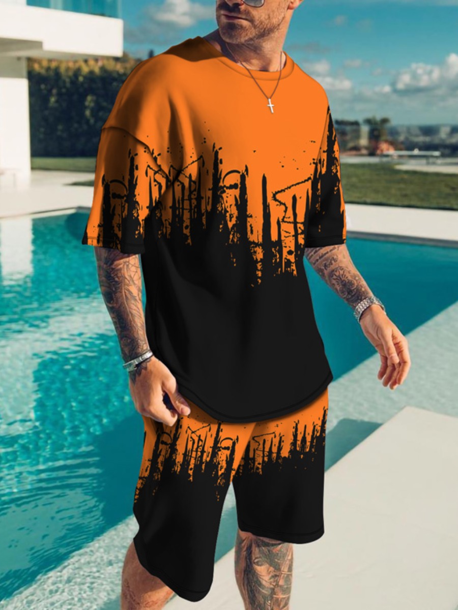 

LW BASICS Men Round Neck Patchwork Shorts Set, Orange