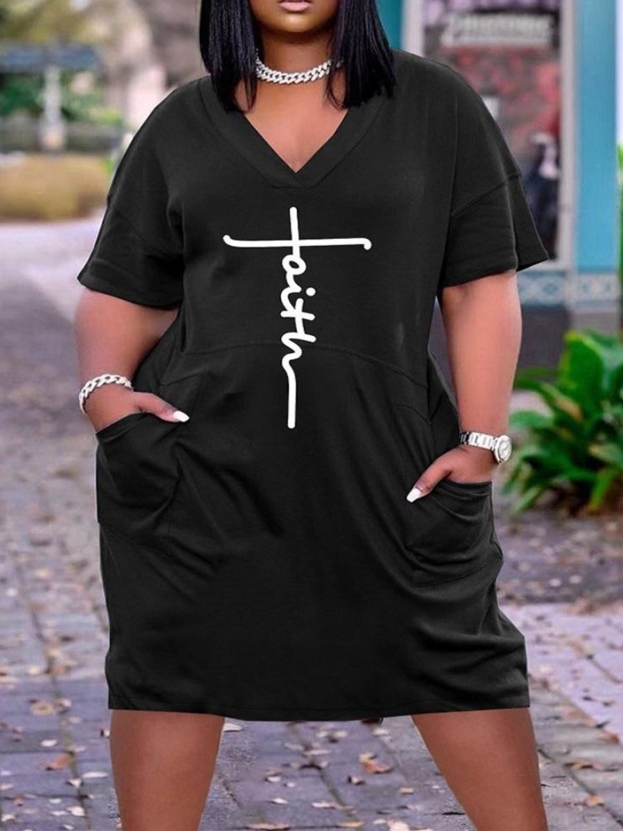 LW Plus Size V Neck Letter Print Dress