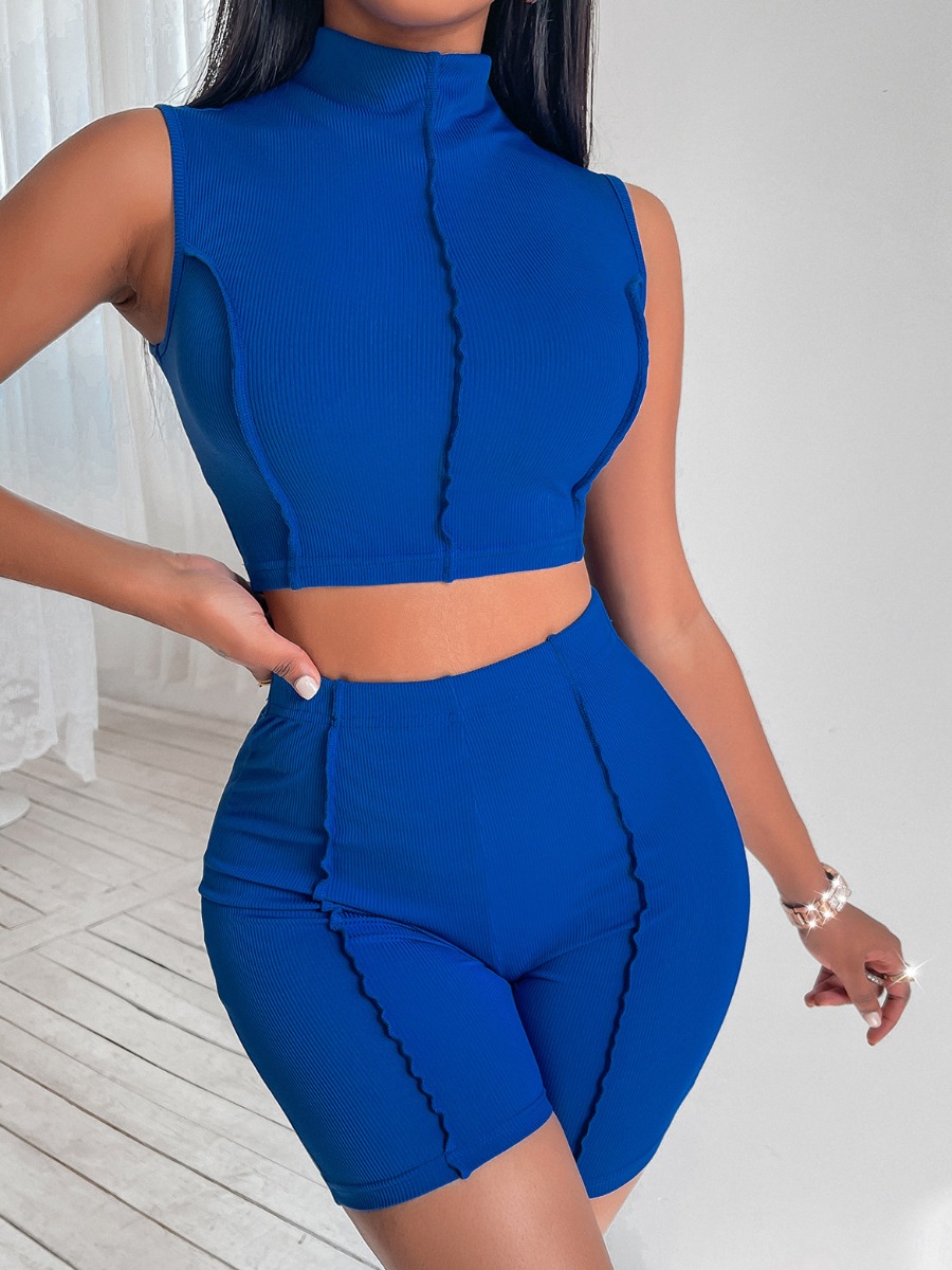 

LW Turtleneck Rib-Knit Shorts Set, Royalblue