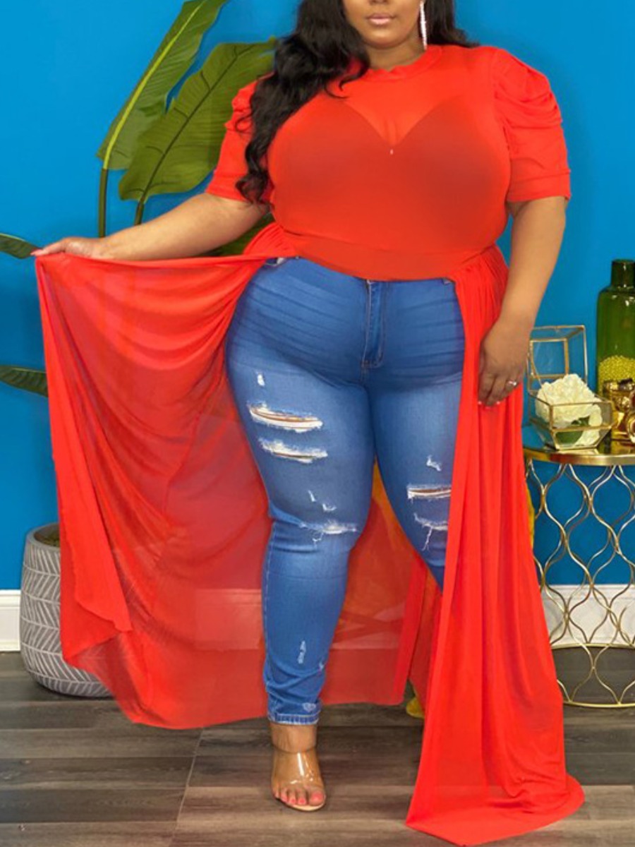 

LW Plus Size Round Neck See-through Blouse, Red