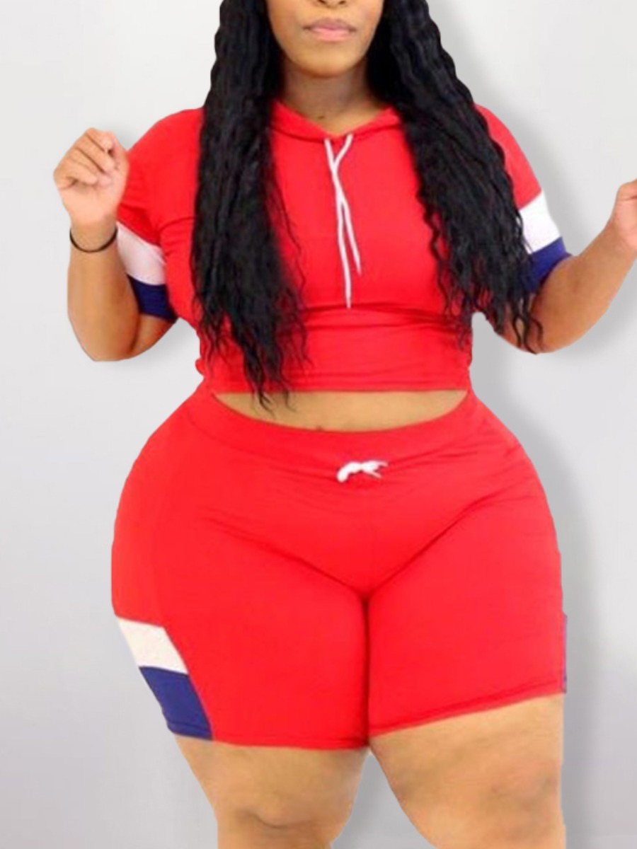 

LW Plus Size Hooded Collar Drawstring Shorts Set, Red