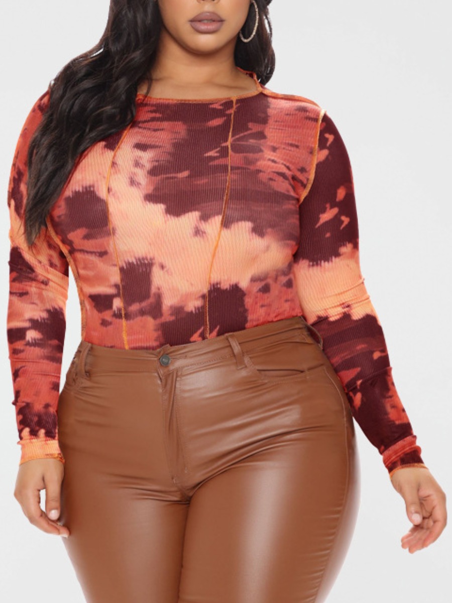 

LW Plus Size Round Neck Tie-dye Bodysuit, Red