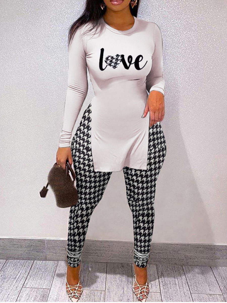 

LW Houndstooth Letter Print Pants Set, White