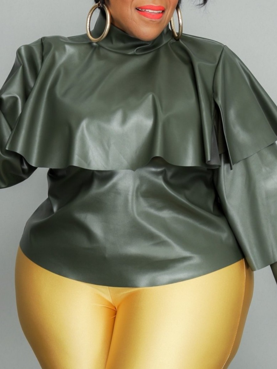 

LW Plus Size Leather Layered Blouse, Black green