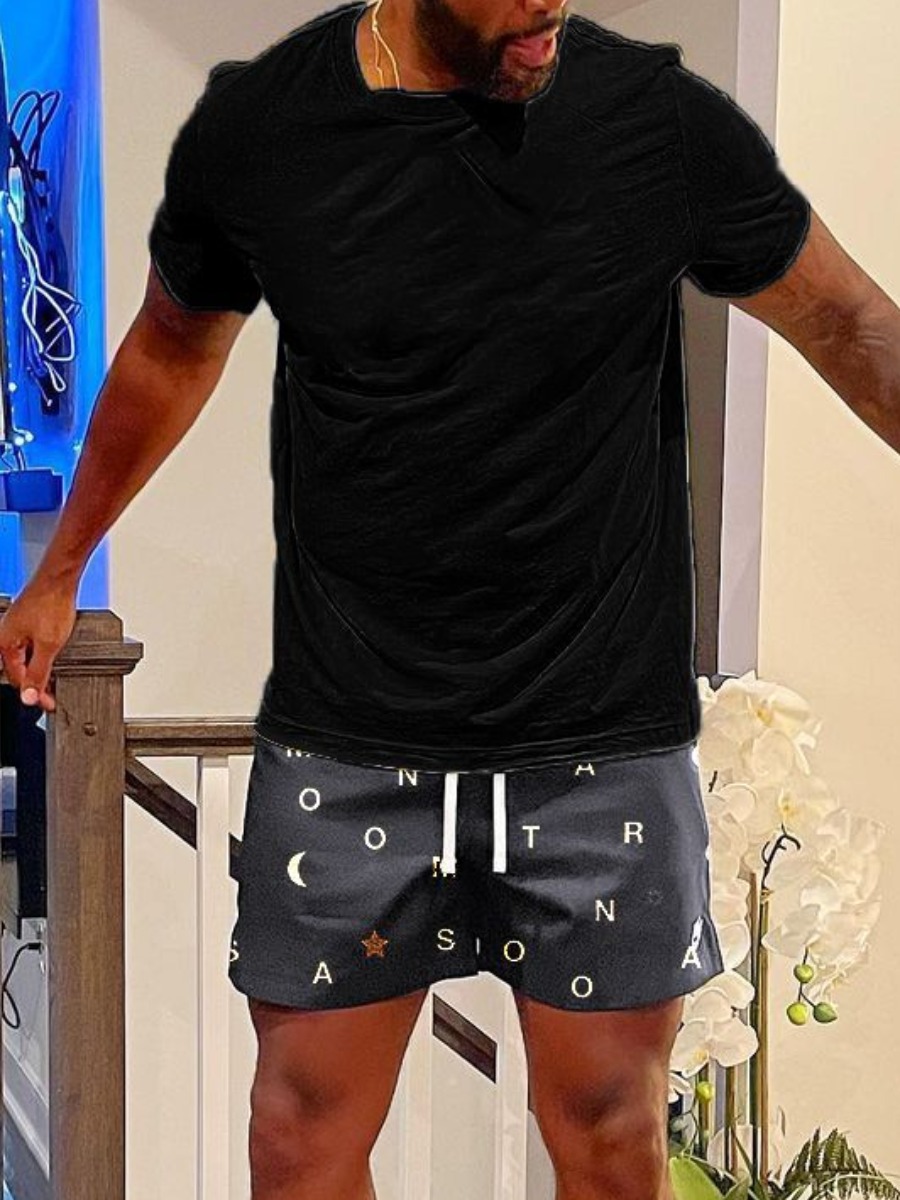 

LW COTTON Men Letter Print Drawstring Shorts Set, Black