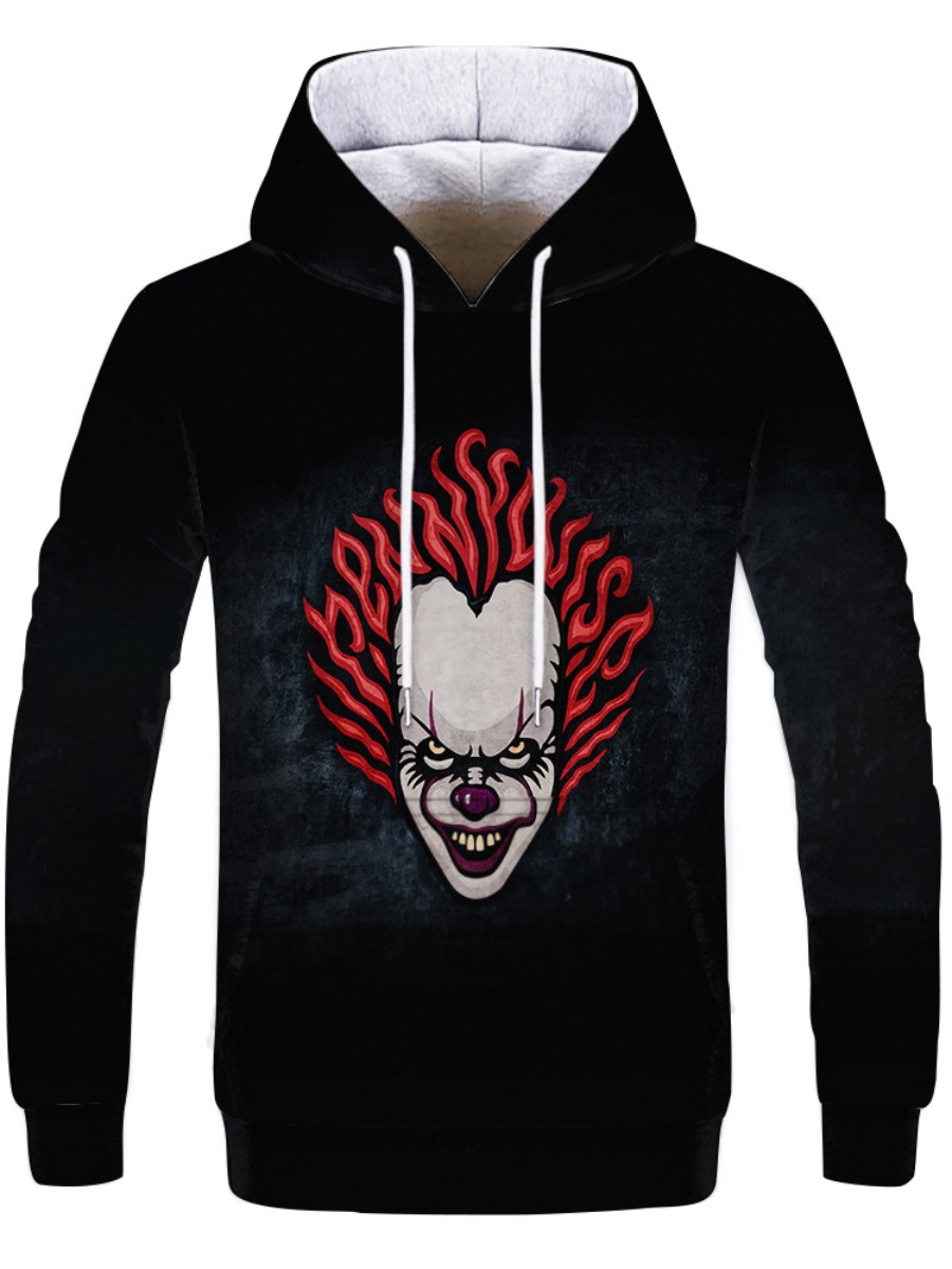 

LW COTTON Men Hooded Collar Halloween Clown Print Hoodie, Black