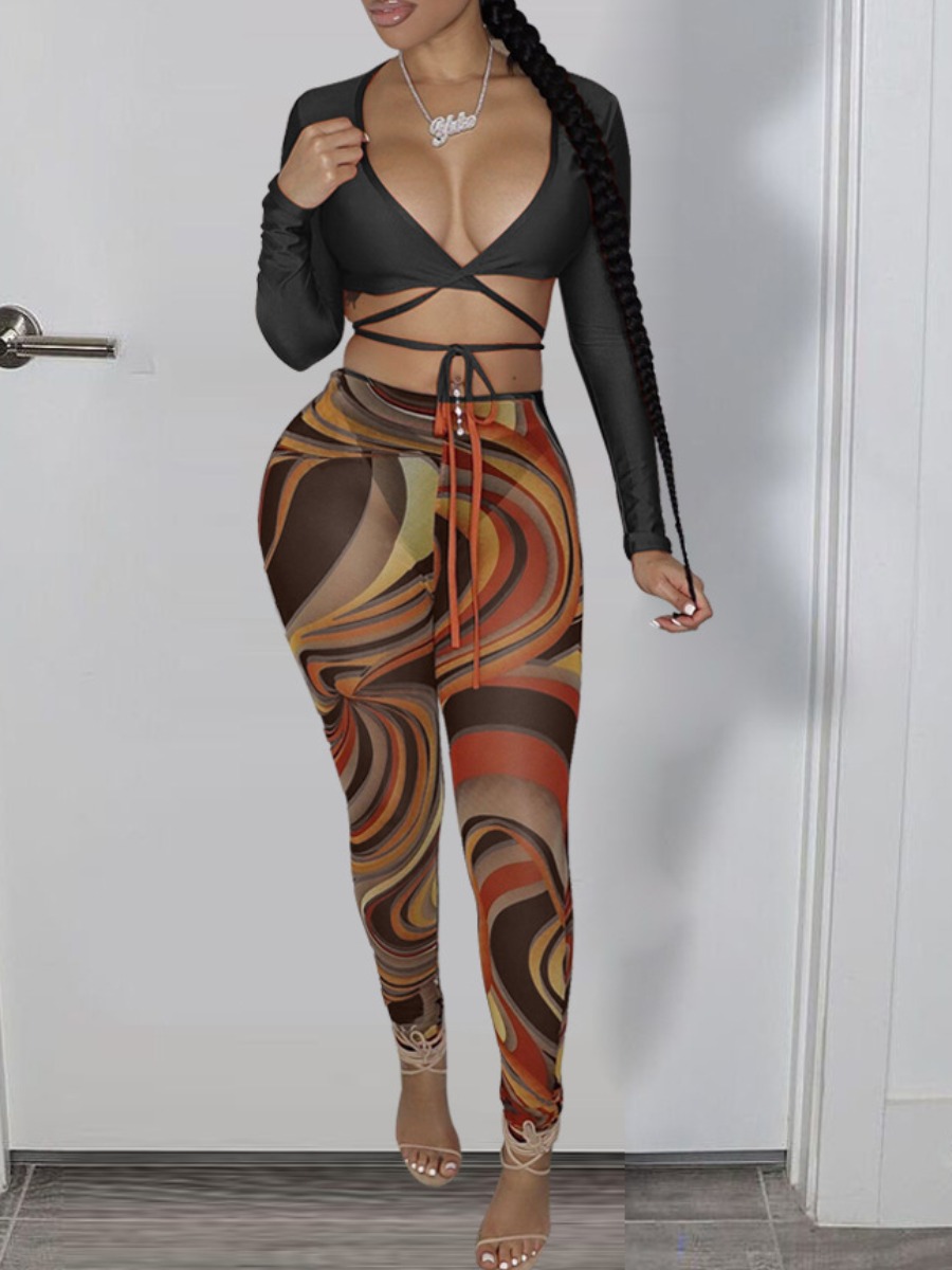 

LW SXY Crop Top Print See-through Pants Set, Black