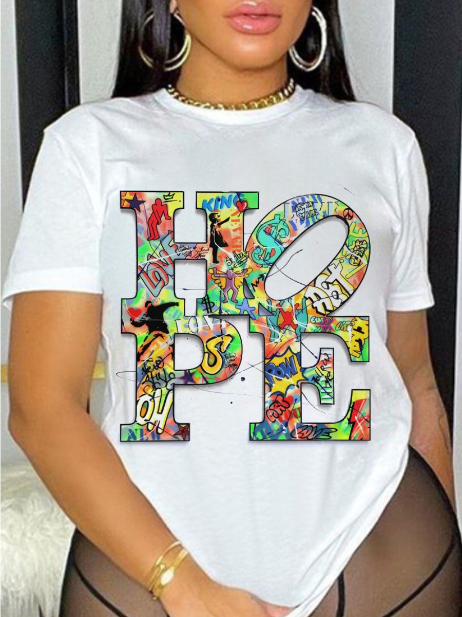 

LW Plus Size Letter Print Patchwork T-shirt, White