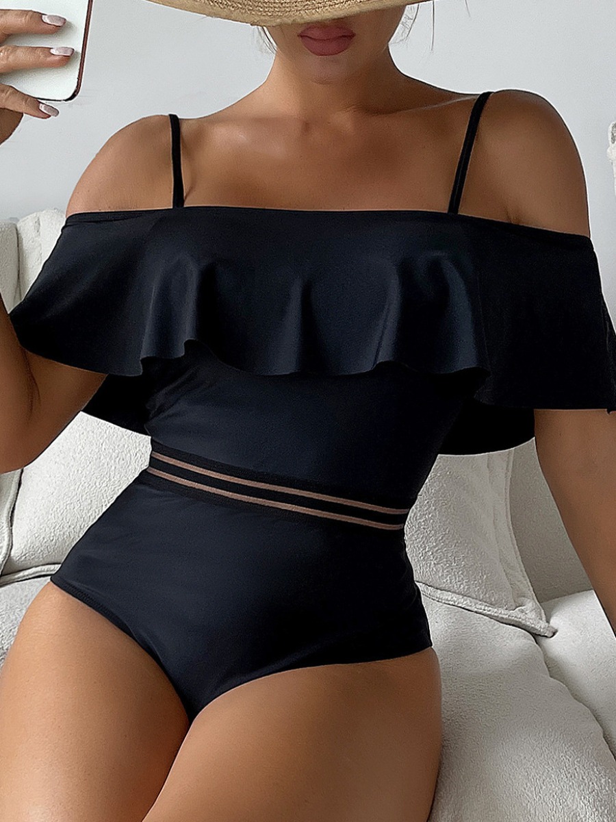 

LW Fold-over Mesh One-piece Swimsuit, Black