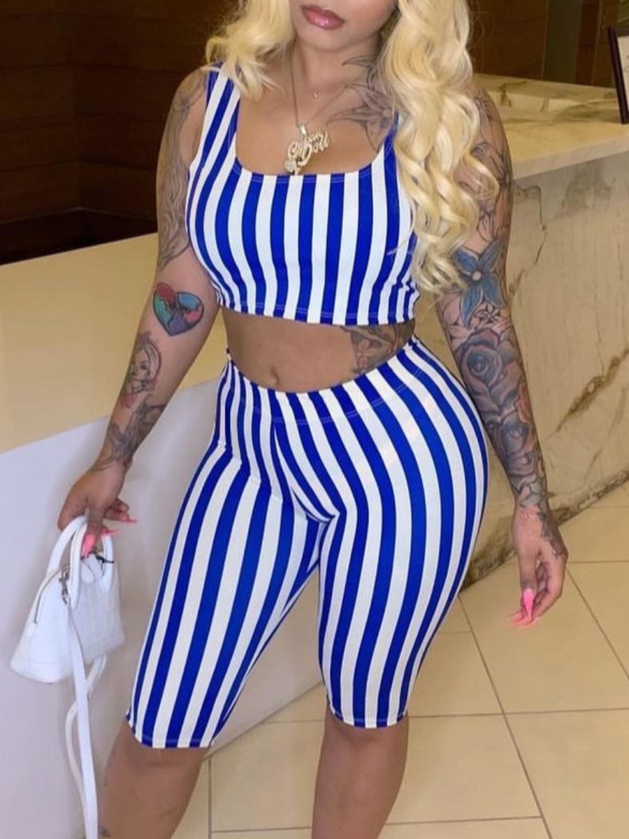

LW U Neck Striped Shorts Set, Blue