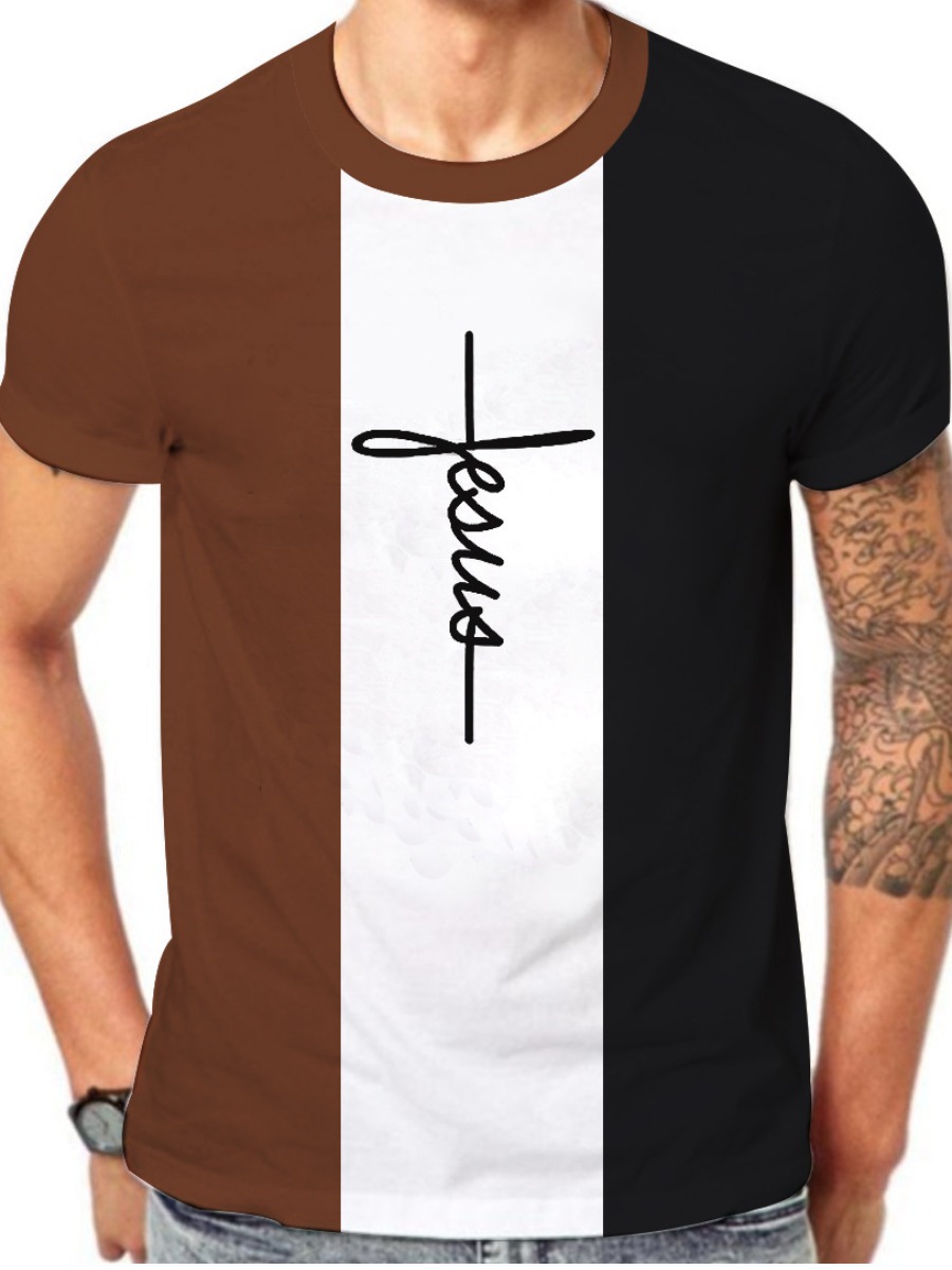 

LW BASICS Men Letter Print Patchwork T-shirt, Brown