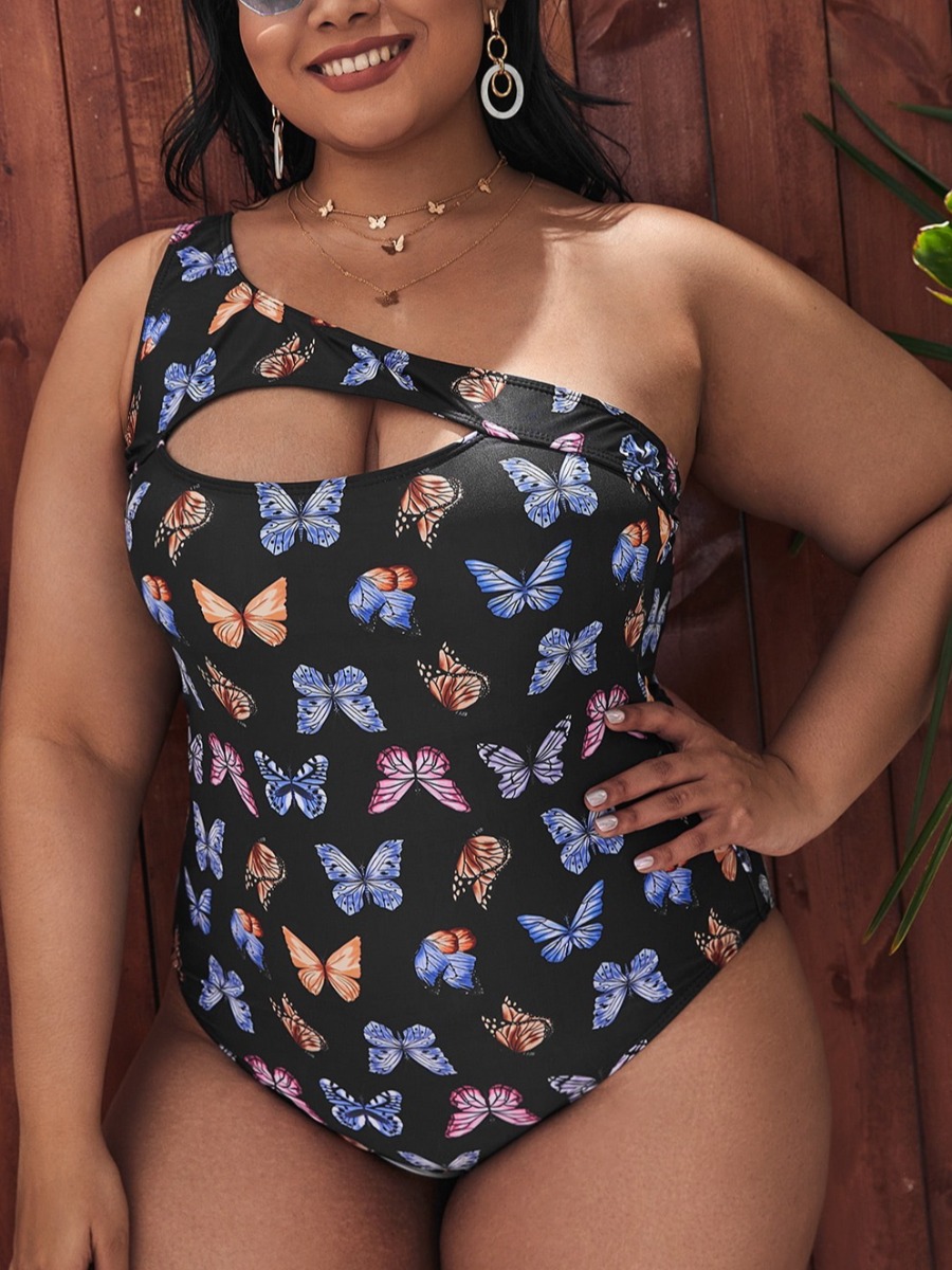 

LW Plus Size Butterfly Print Cut Out One-piece Swimsuit, Black