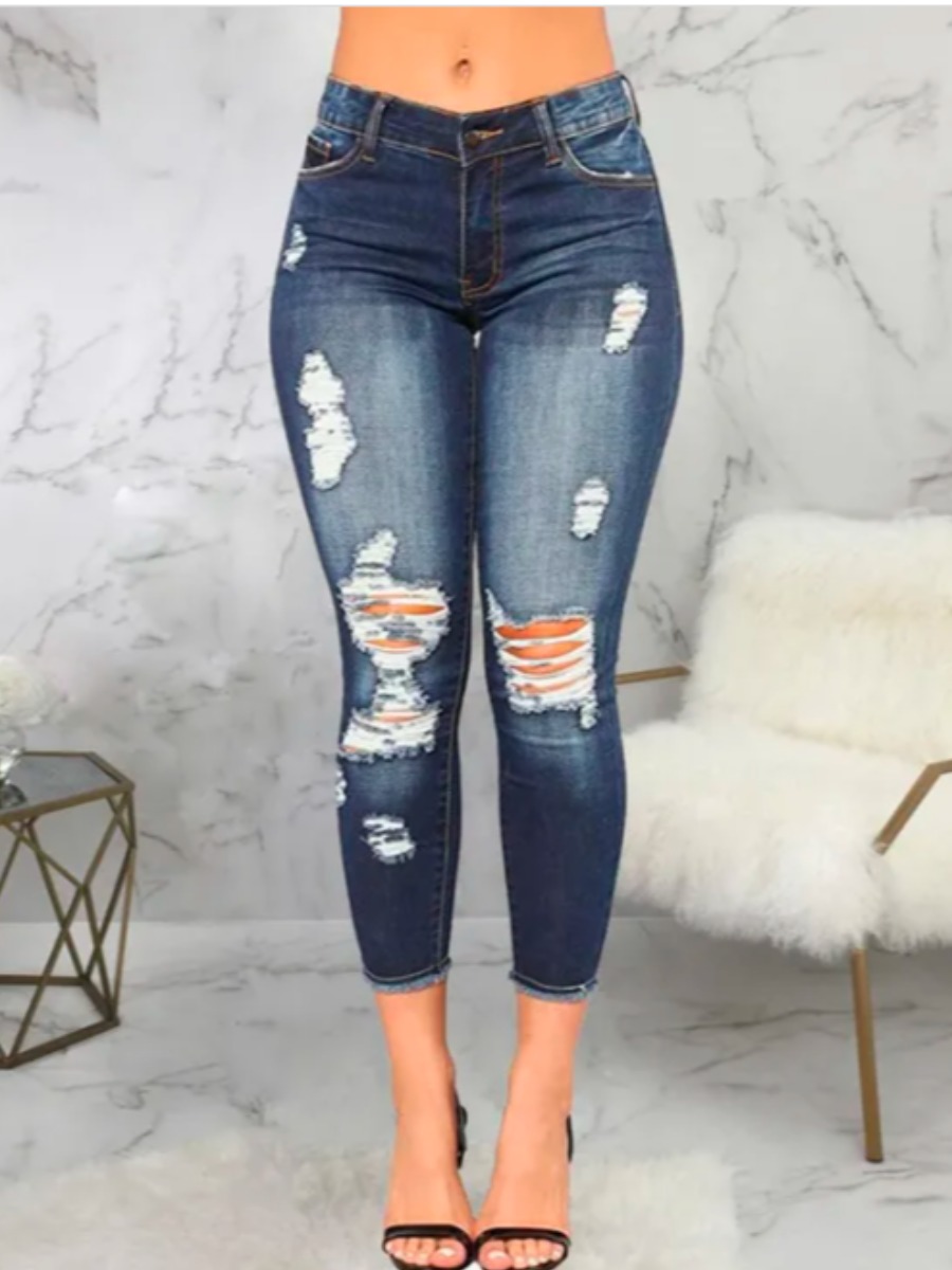 

LW Mid Waist Distressed Ripped Cropped Jeans, Blue