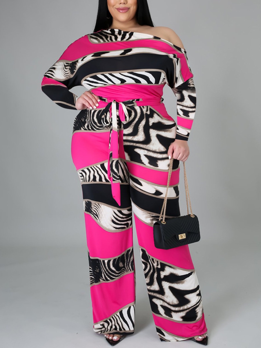 LW Plus Size Boat Neck Zebra Striped Jumpsuit