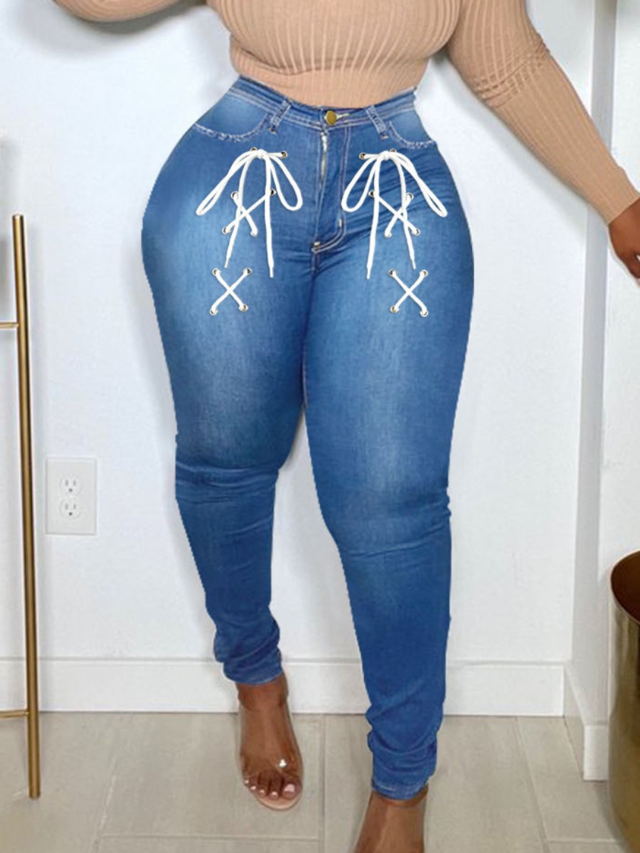 

LW Mid Waist High Stretchy Bandage Design Jeans, Blue