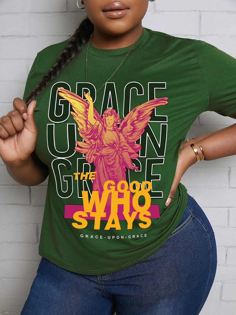 

LW Plus Size Figure Letter Print T-shirt, Army green