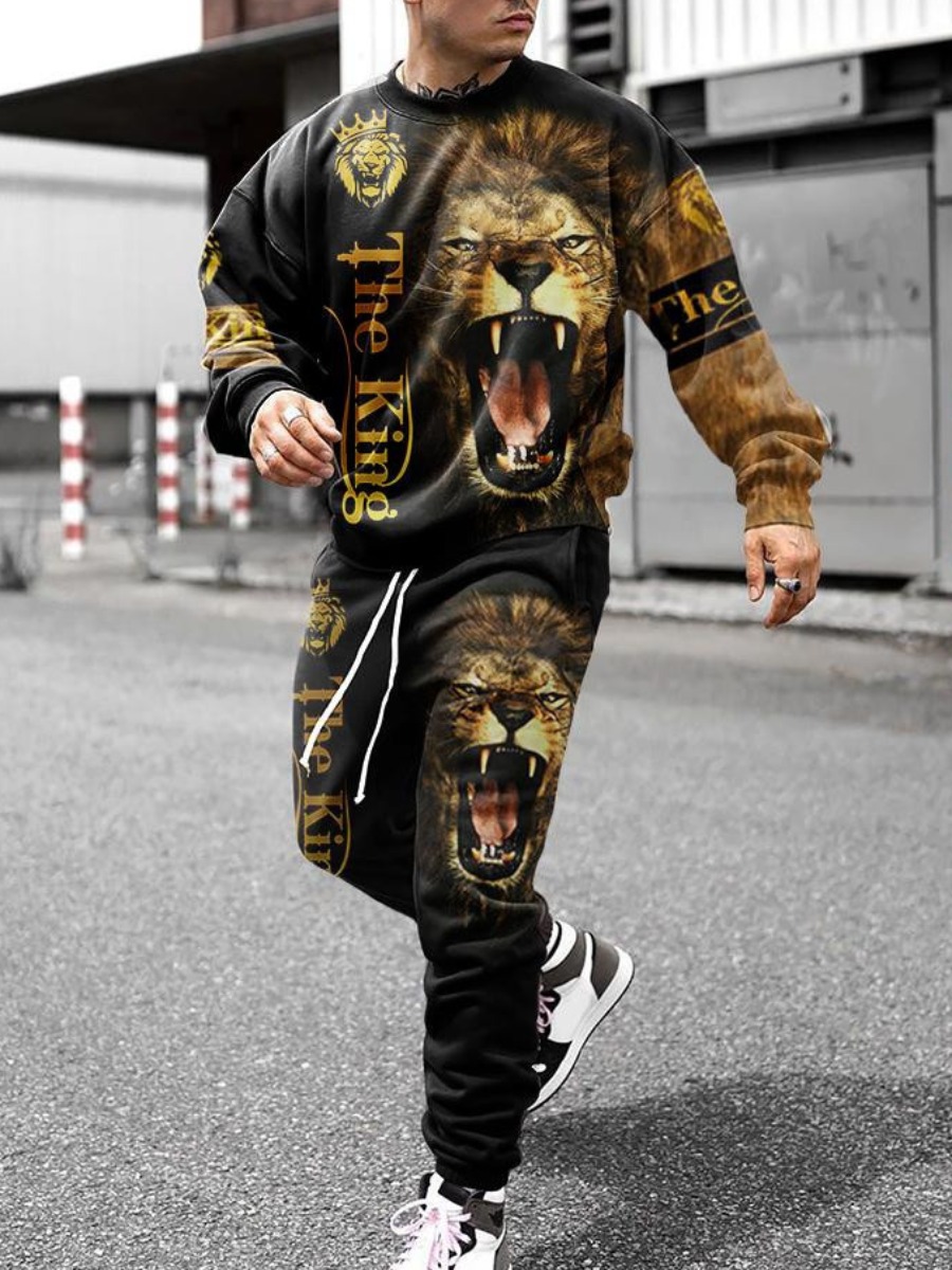 

LW COTTON Men Lion Letter Print Tracksuit Set, Black