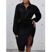 LW Zipper Design Drawstring Solid Skirt Set