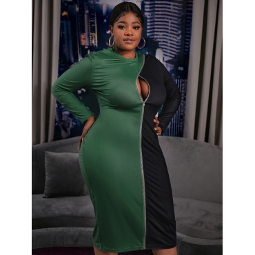 

LW Plus Size Zipper Design Patchwork Bodycon Dress, Army green