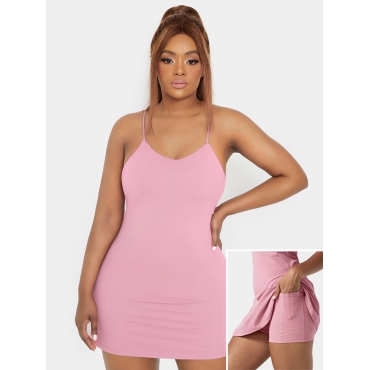 

LW U Neck Stretchy Removable Padded Pocket Design 2-in-1 Activity Dress, Pink