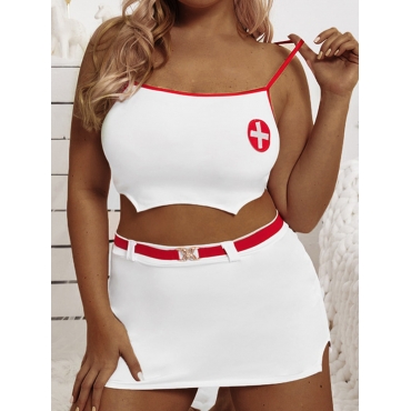 

LW SXY Plus Size Cross Print Belt Design Skirt Set, White