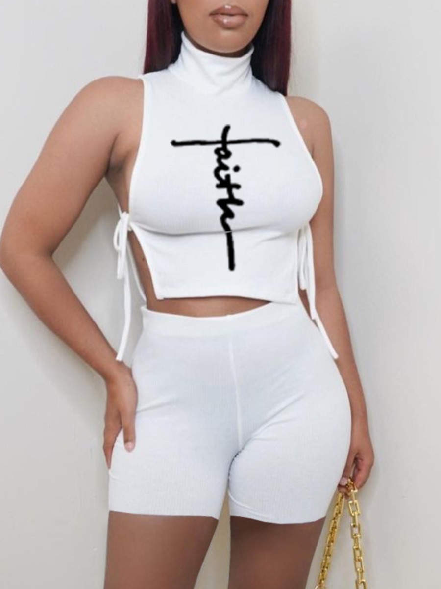 

LW Letter Print Bandage Design Shorts Set, White
