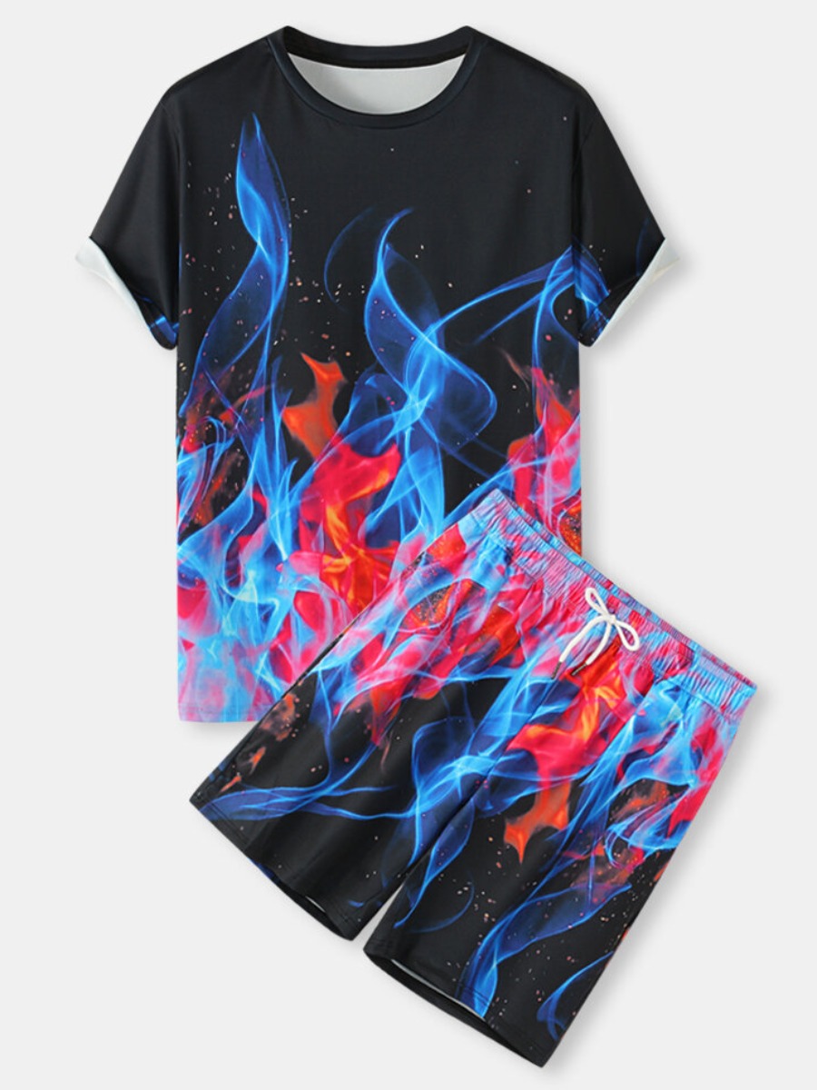 

LW Men Flame Print Drawstring Shorts Set, Dark blue