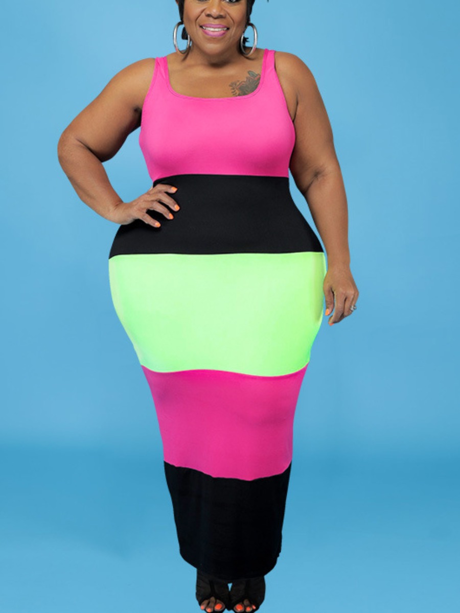 

LW Plus Size U Neck Patchwork Bodycon Dress, Rose red