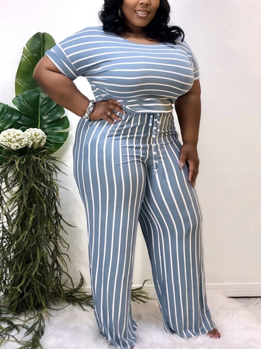 

LW Plus Size Round Neck Striped Jumpsuit, Baby blue