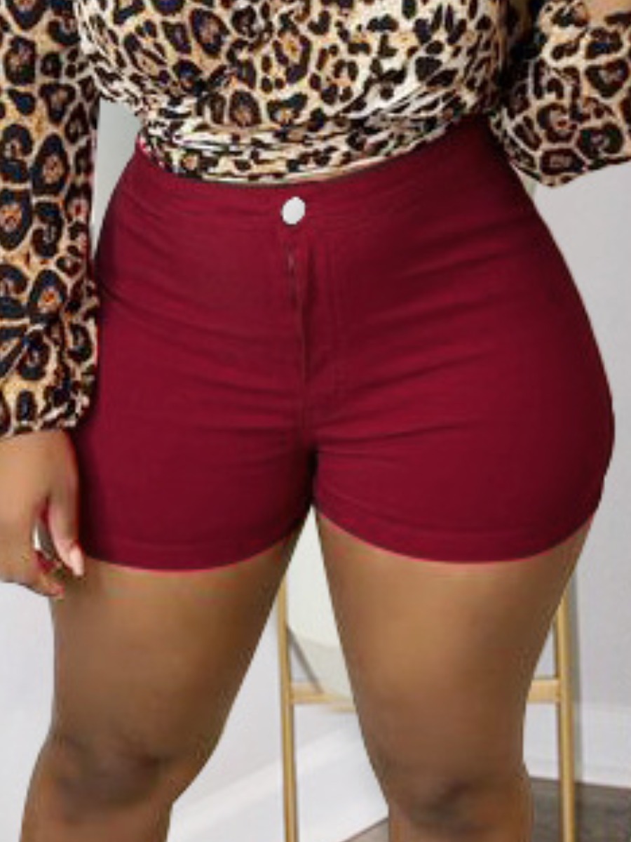 

LW Tatting Mid Waist Basic Solid Skinny Shorts, Wine red
