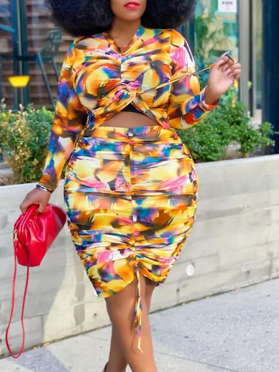 

LW Plus Size Tie-dye Drawstring Skirt Set, Multi