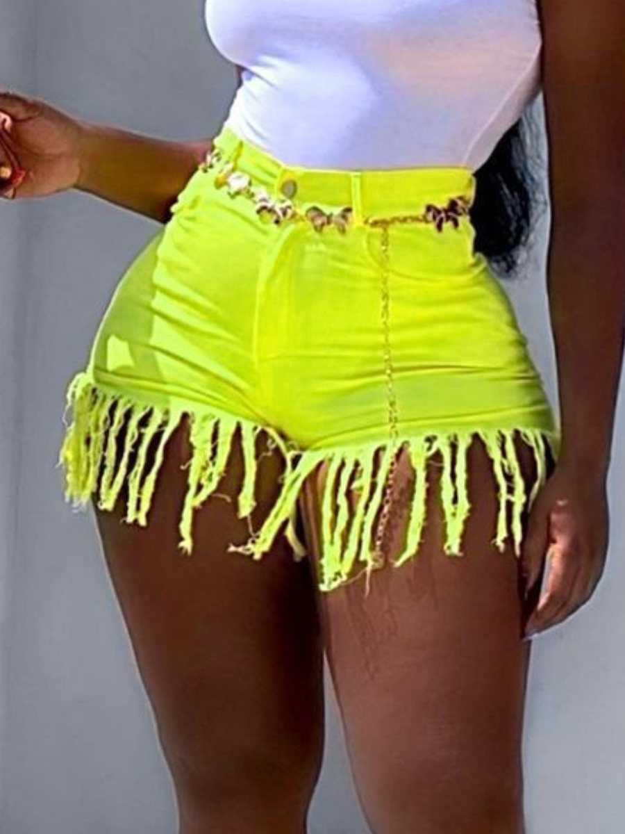 

LW High-waisted Tassel Design Denim Shorts, Yellow