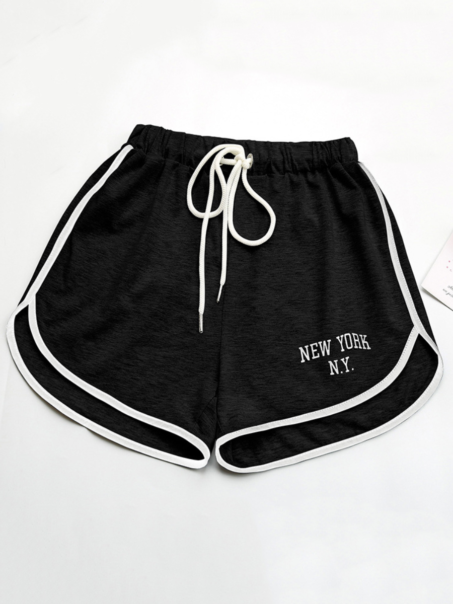 

LW COTTON Letter Print Drawstring Shorts, Black