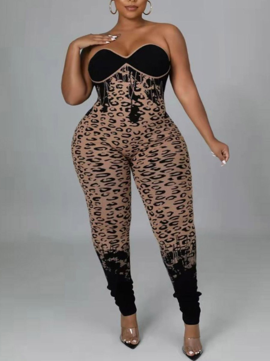 

LW Plus Size Off The Shoulder Leopard Print Jumpsuit (With Top), Khaki
