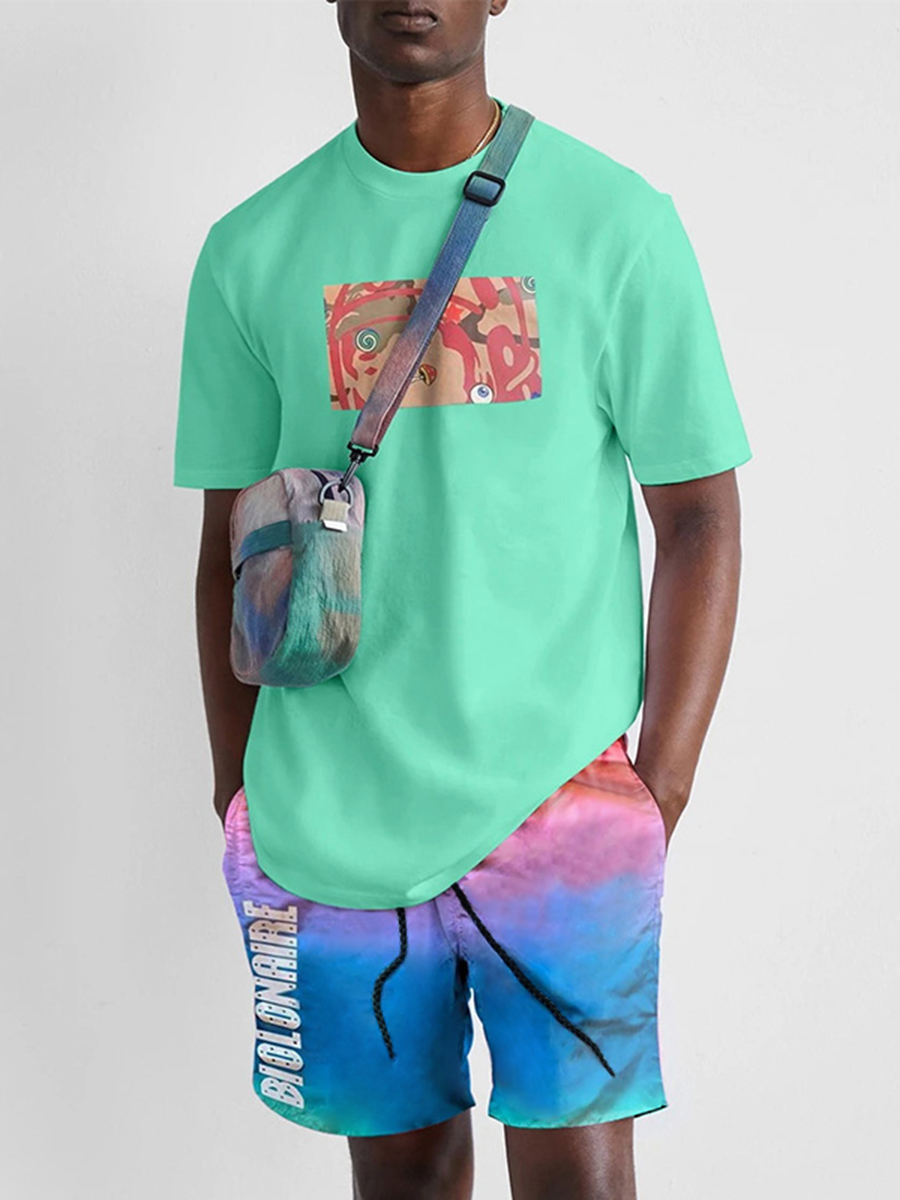 

LW Men Tie-dye Letter Print Shorts Set, Canal blue