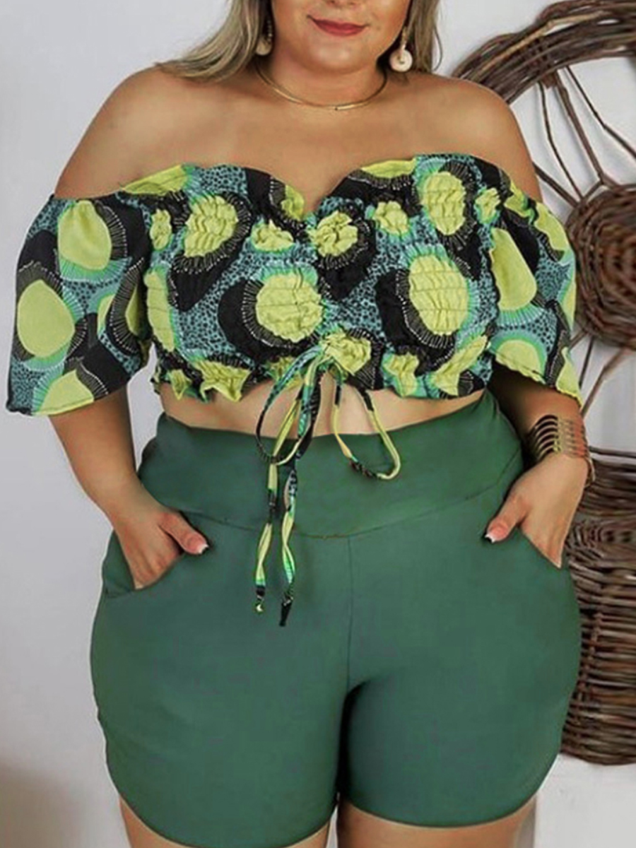 

LW BASICS Plus Size Drawstring Ruched Shorts Set, Green