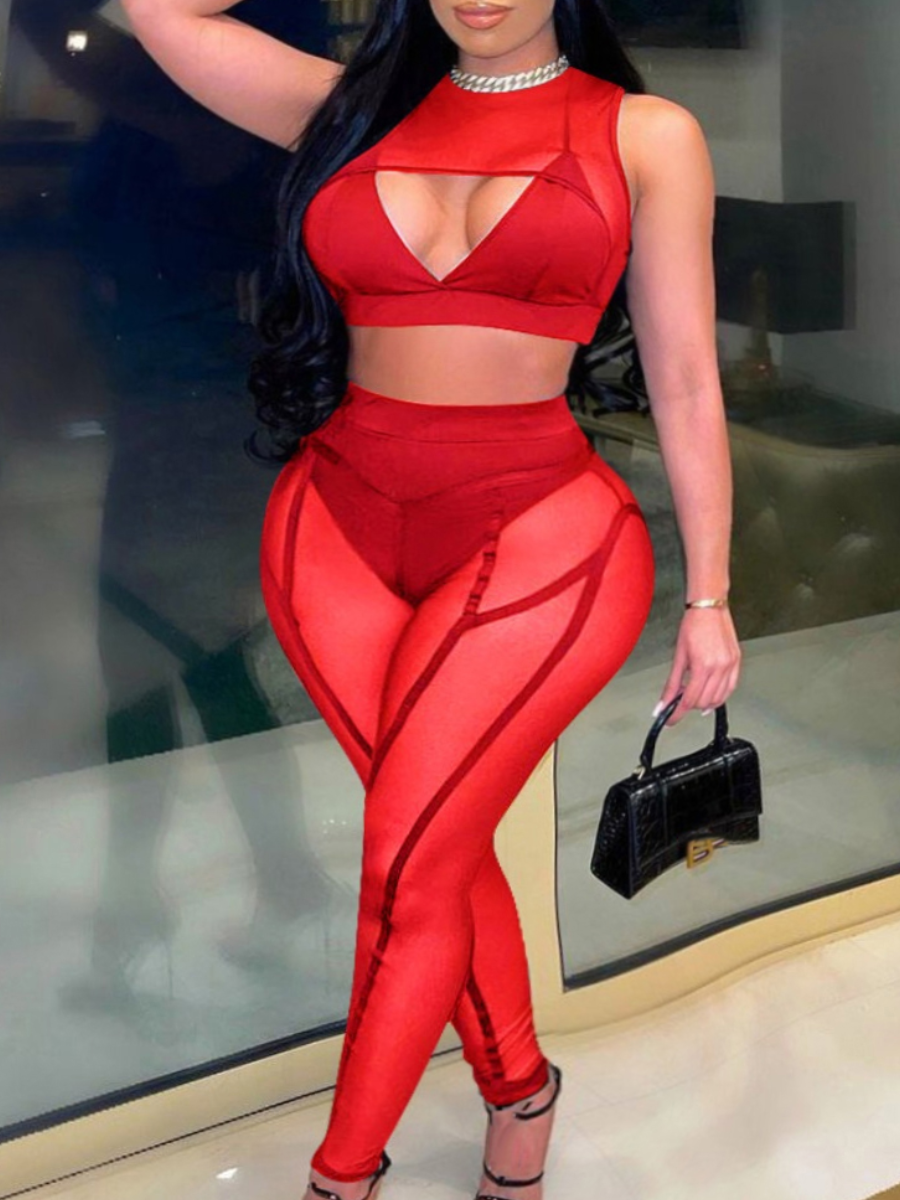 

LW SXY Plus Size Crop Top See-through Pants Set, Red