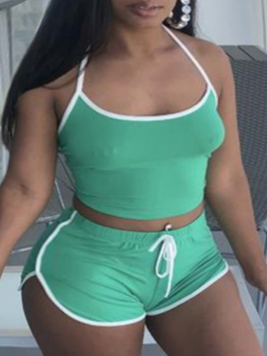 

LW Plus Size Striped Drawstring Shorts Set, Green