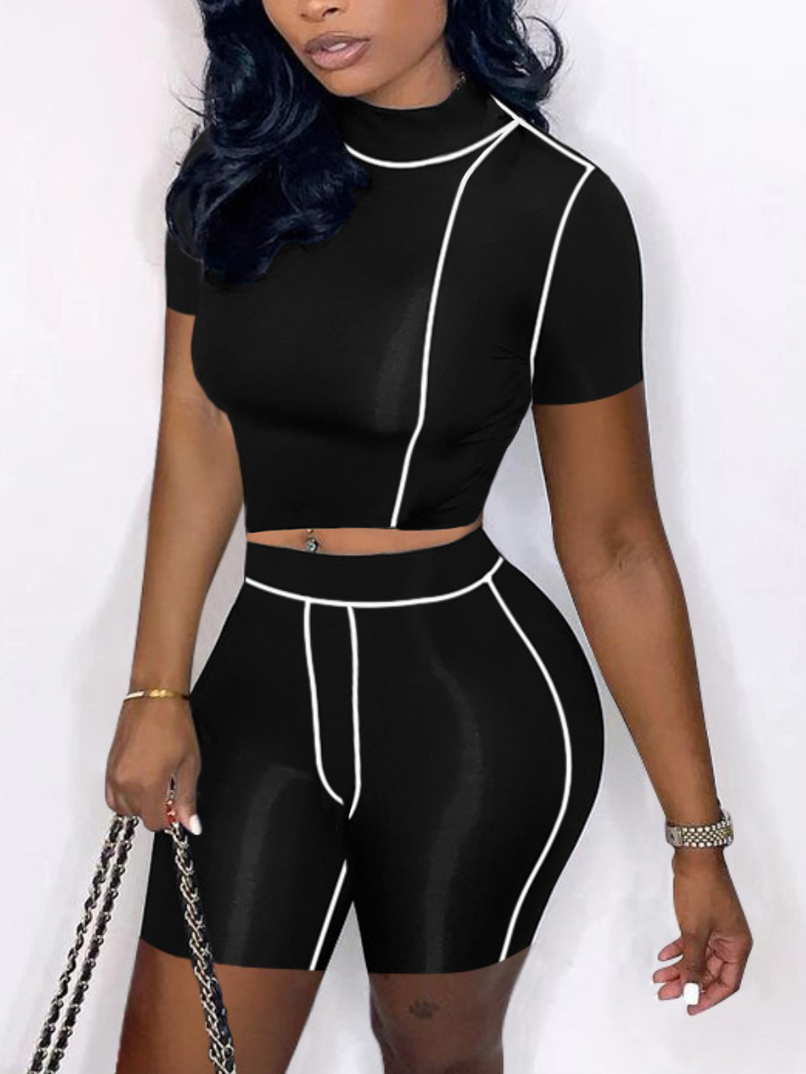 LW Sweet O Neck Striped Black Two Piece Shorts Set
