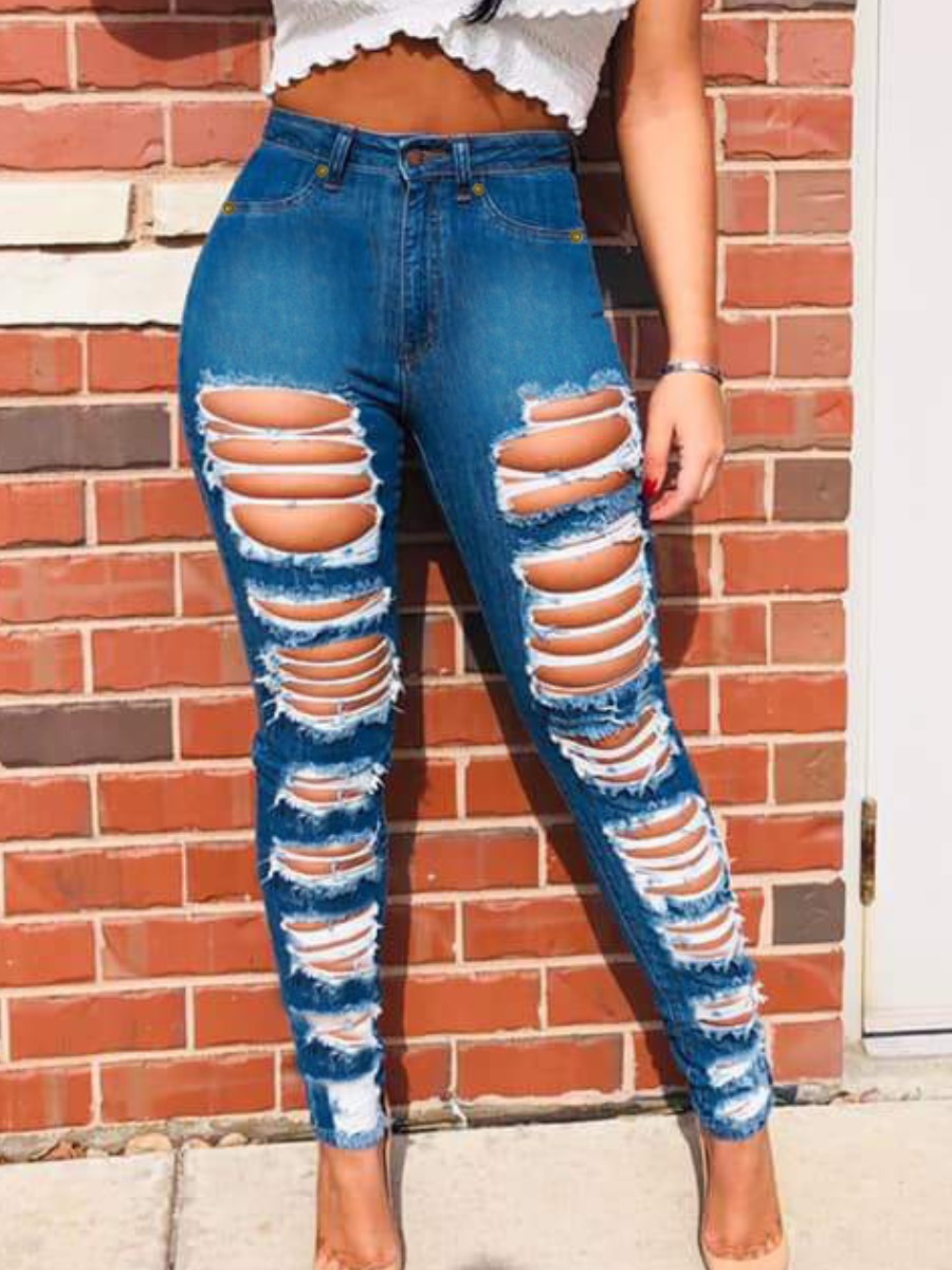LW High-waisted Ripped Jeans, Deep blue